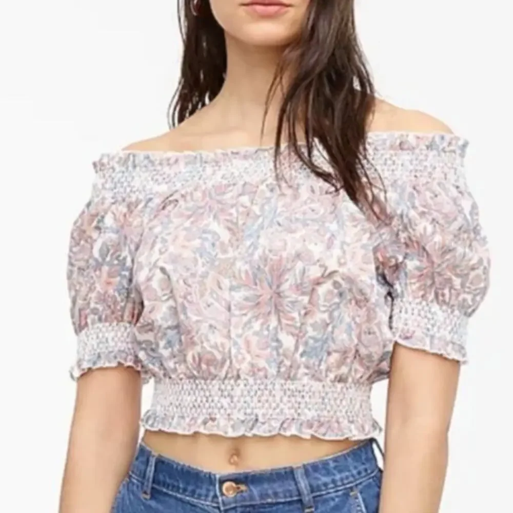 J.Crew Liberty London Smocked Cotton Top Womens M Off Shoulder Faraway Plum